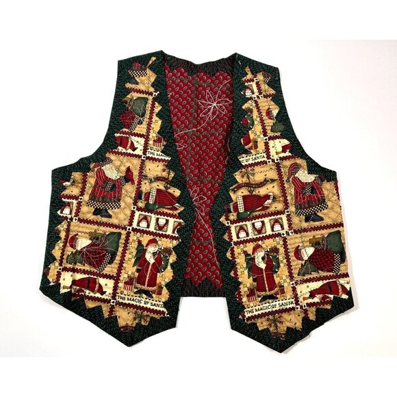 Handmade Reversible Women's Ugly Christmas Vest Folk Santa/Poinsettias Cotton XL - Picture 1 of 16